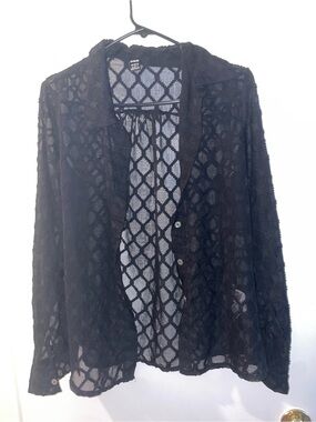 SHEIN Black Sheer Geometric Lace Button-Up Top